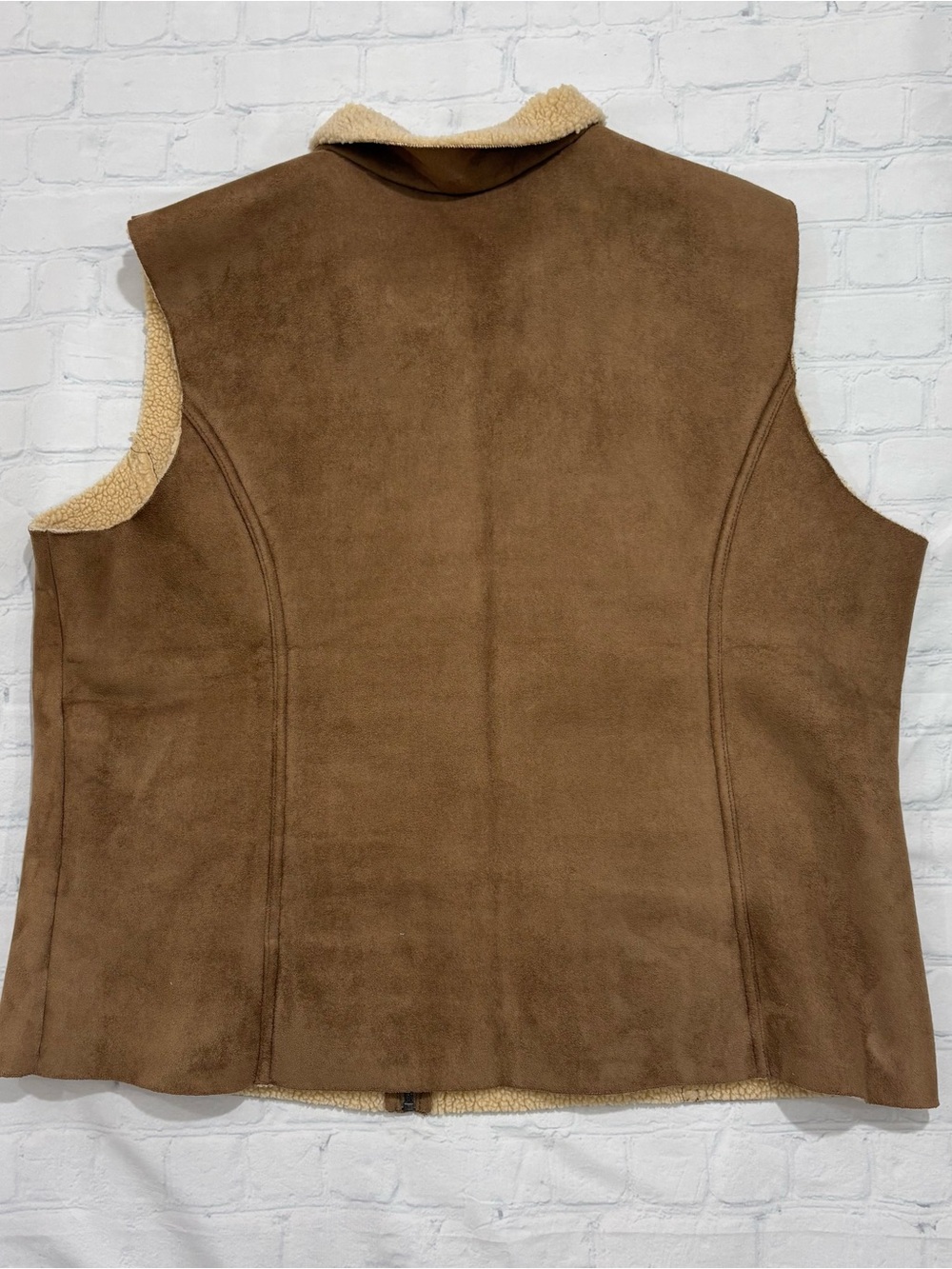 Lands End Women’s XL 18-20 Brown Faux Suede Sherpa Lined Zip Vest Winter Warm - Picture 9 of 11